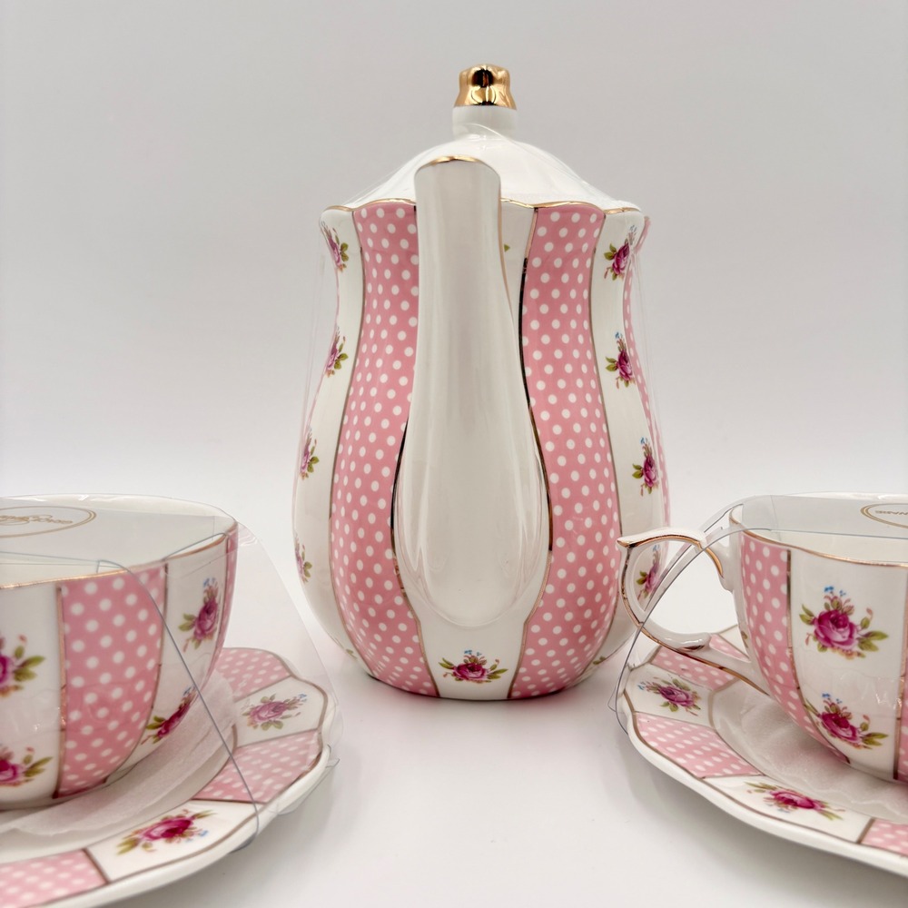 Grace Teaware Pink Polka Dot Rose Floral Porcelain Teapot and 2 Cup Saucer Set - Picture 9 of 11
